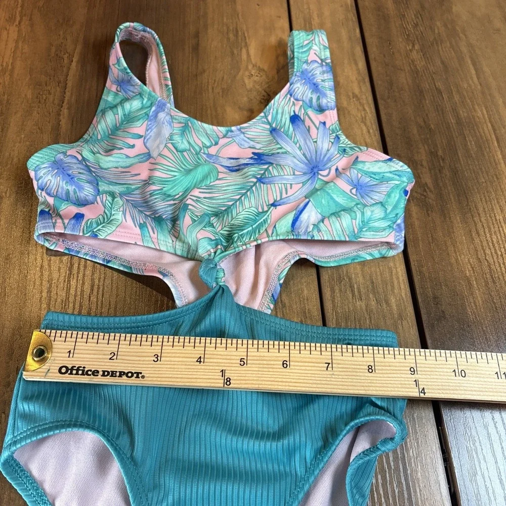 Art Class Kids XS (4/5) Teal Swimsuit Tropical Floral Ribbed Cutout One Piece
